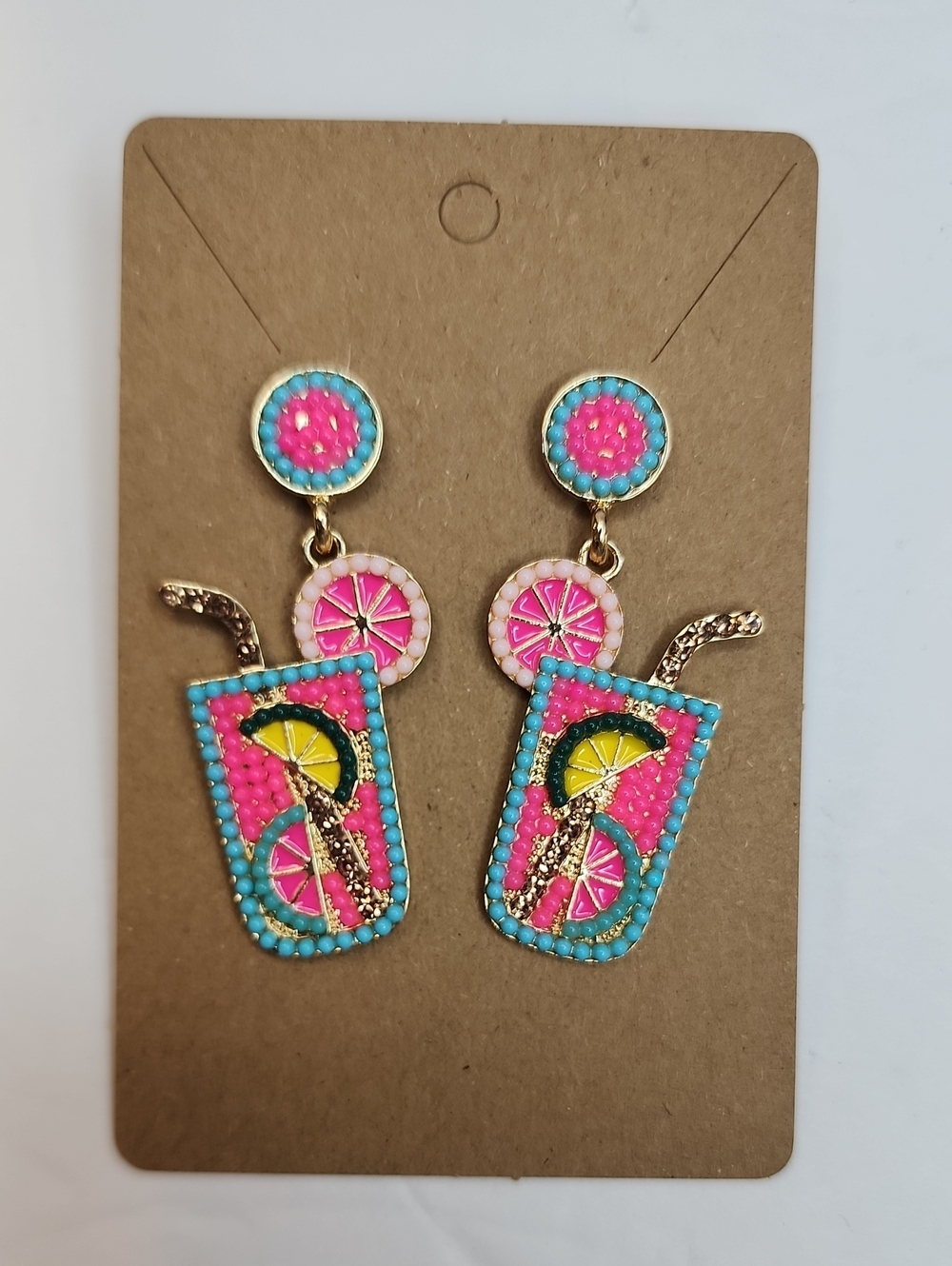 Beaded Lemonade Drink Dangle Earrings Pink Turquoise